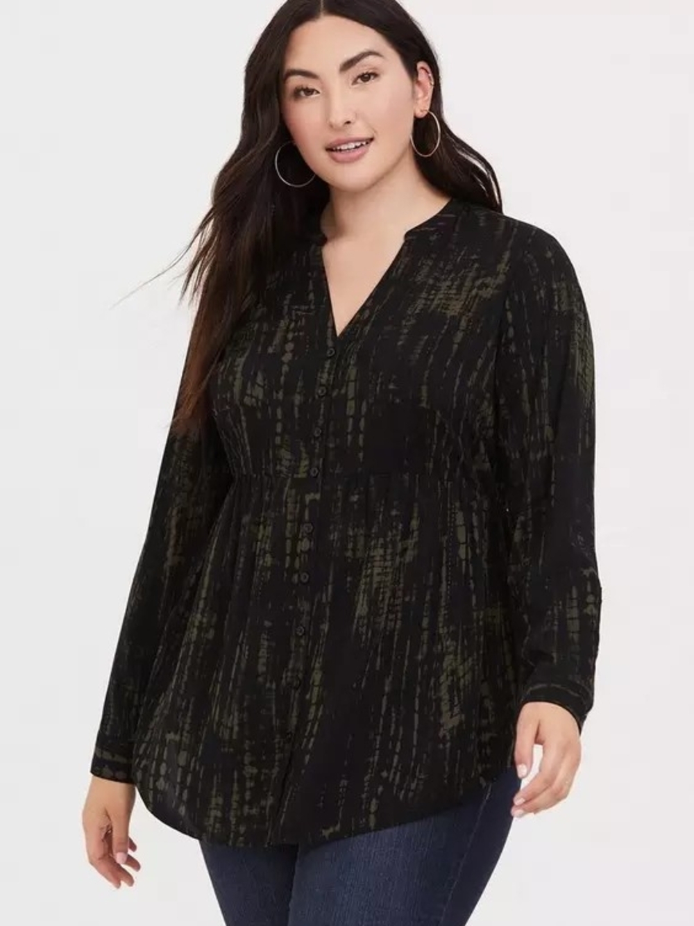 torrid Size 1 Black with Olive Print Button-Down Blouse